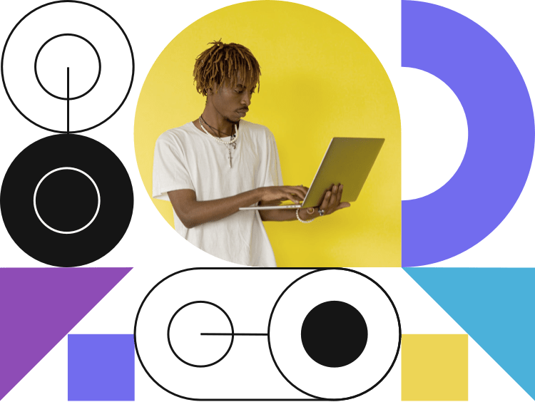 Photo of a younger man holding af laptop in his hands. Geometric symbols surround him